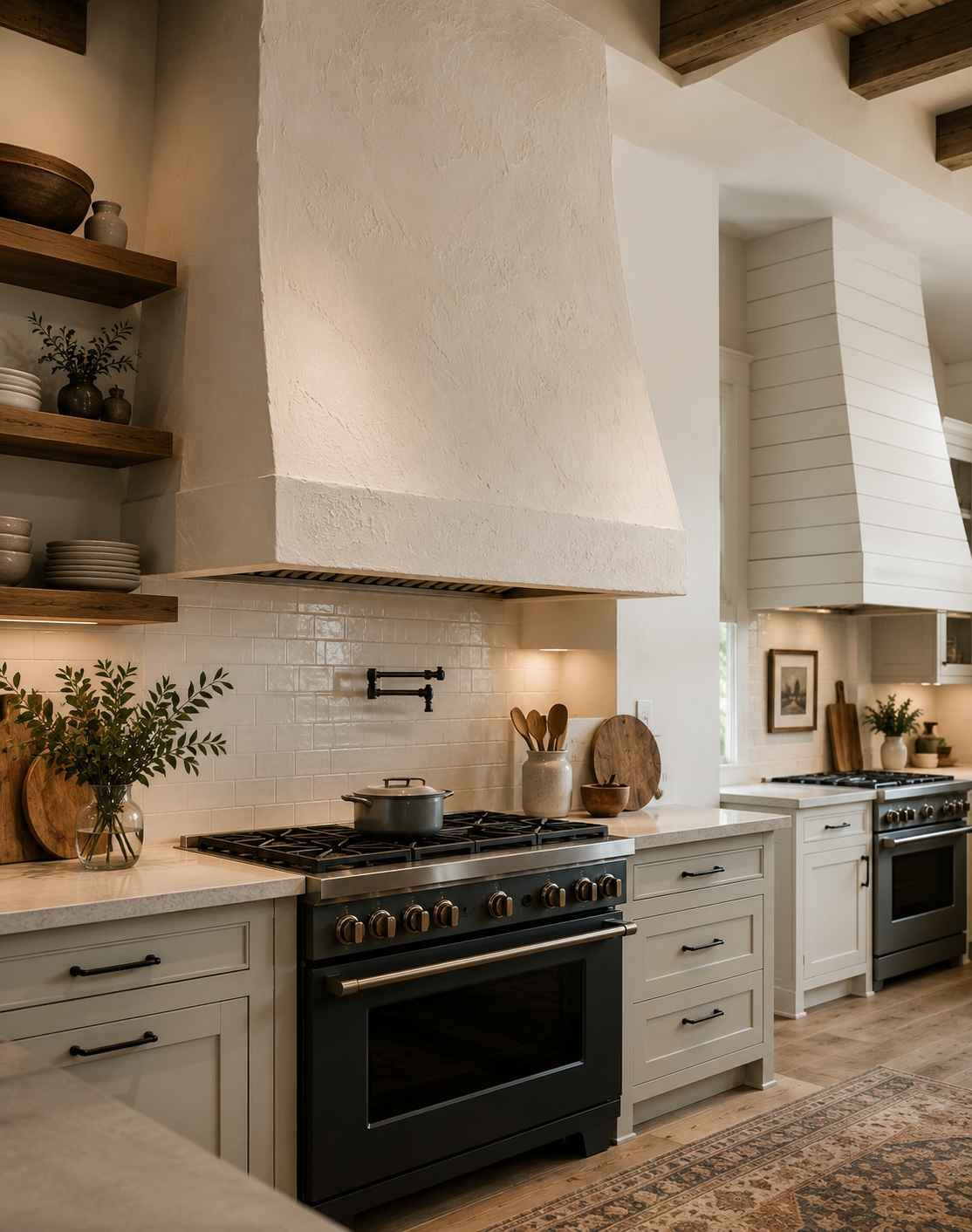 Modern farmhouse kitchen featuring a large textured plaster range hood above a matte black range, white shaker cabinets, open wood shelving, subway tile backsplash, and a smaller white shiplap range hood in the background with warm natural light.