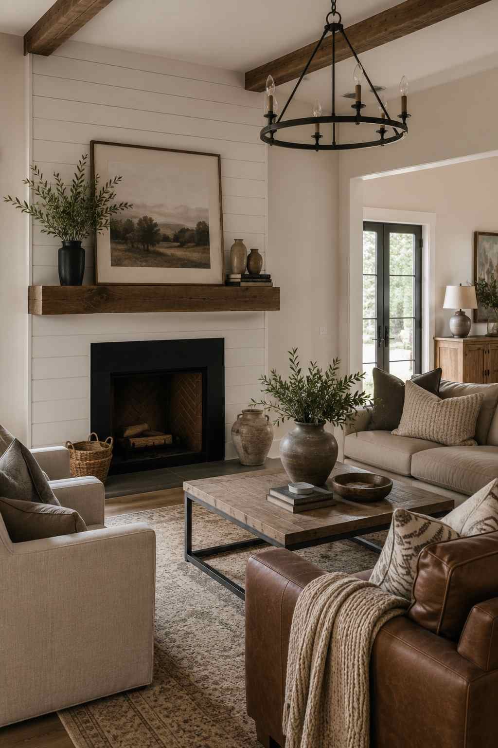 Cozy modern farmhouse bedroom featuring a single white shiplap accent wall behind a rustic wooden bed, warm neutral bedding, black metal accents, light wood flooring, and smooth painted walls for a balanced farmhouse design.