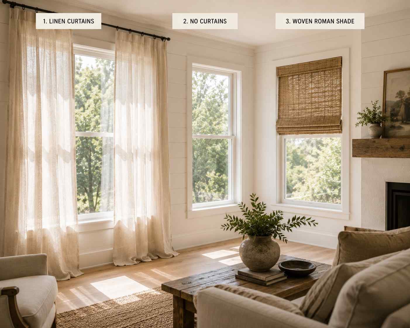 Modern farmhouse living room featuring relaxed linen curtains, a bare trimmed window, and a woven bamboo Roman shade, showcasing simple window treatment ideas with soft natural light and neutral decor.