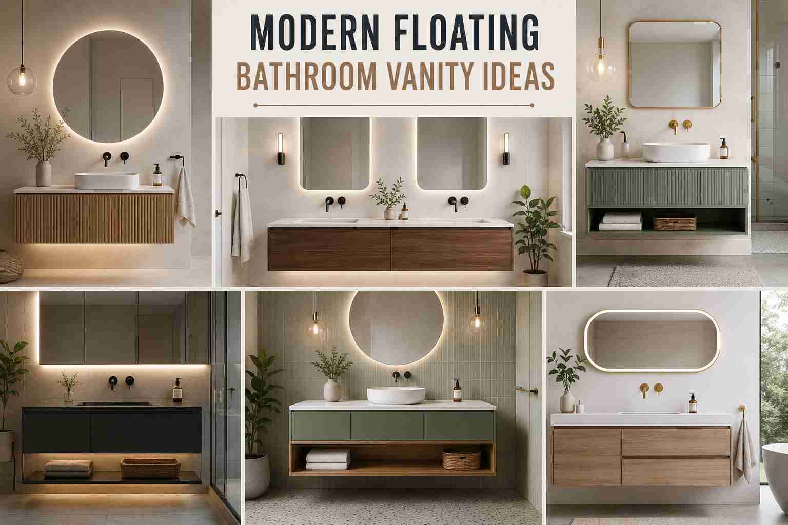 Collage titled "Modern Floating Bathroom Vanity Ideas" featuring six contemporary floating vanity designs with clean lines, wood finishes, integrated lighting, round and rectangular mirrors, open shelving, and minimalist bathroom styling in neutral tones.