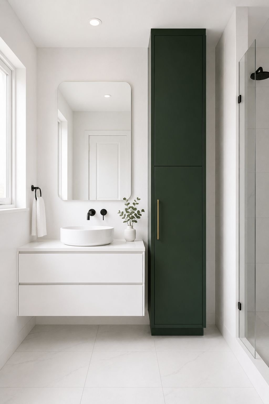 Modern bathroom storage cabinet with tall green linen cabinet beside a floating white vanity in a minimalist bathroom