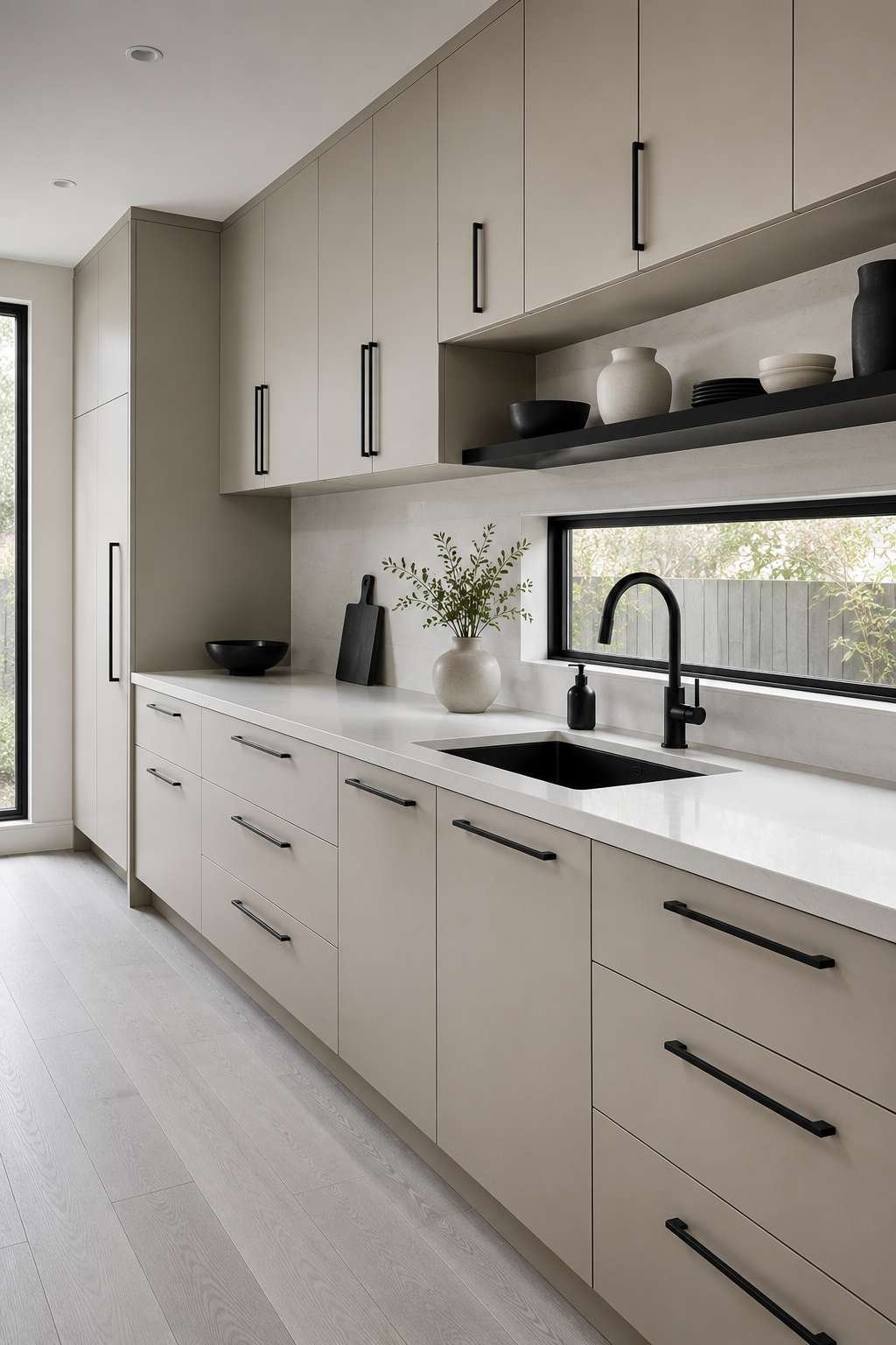 Minimalist modern kitchen featuring flat-panel greige cabinets, matte black bar pulls, white quartz countertops, pale oak flooring, black floating shelves, and soft natural daylight for a clean Scandinavian-inspired design.