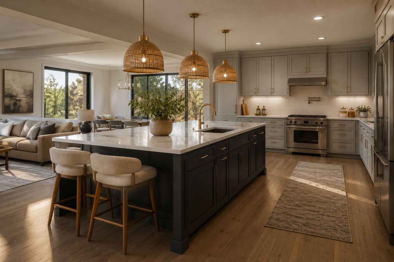 Open-concept modern kitchen featuring light grey shaker cabinets, a charcoal kitchen island with a white quartz waterfall countertop, woven pendant lights, brass hardware, and warm natural afternoon light.