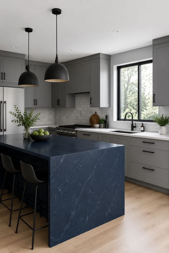 Photorealistic minimalist kitchen featuring cool-toned grey perimeter cabinets, a deep navy blue waterfall island, white countertops, matte black faucet and cabinet hardware, black pendant lights, light wood flooring, and bright natural daylight creating a clean, high-contrast interior.