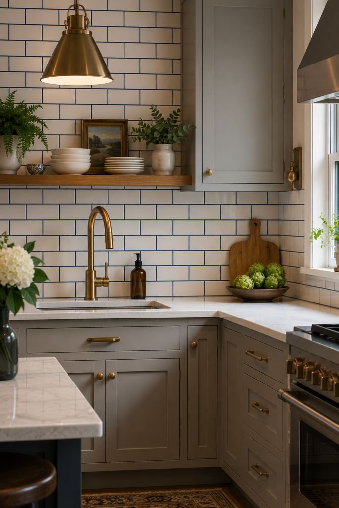 Photorealistic close-up of a modern classic kitchen featuring soft grey cabinets, a white subway tile backsplash with dark navy blue grout lines, a brushed brass faucet, white quartz countertops, warm pendant lighting, and natural daylight highlighting the detailed tile texture.