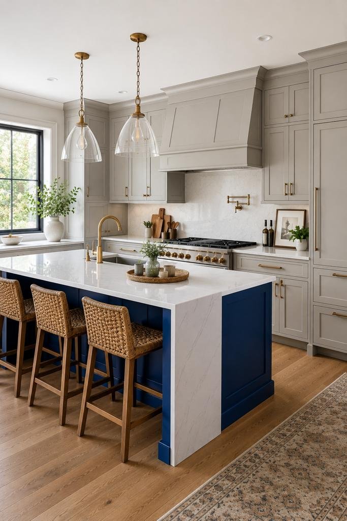 Photorealistic luxury kitchen featuring soft warm-grey perimeter cabinets, a bold cobalt blue island with a white waterfall quartz countertop, three woven barstools, glass pendant lights overhead, warm wood flooring, and natural daylight streaming through a side window.
