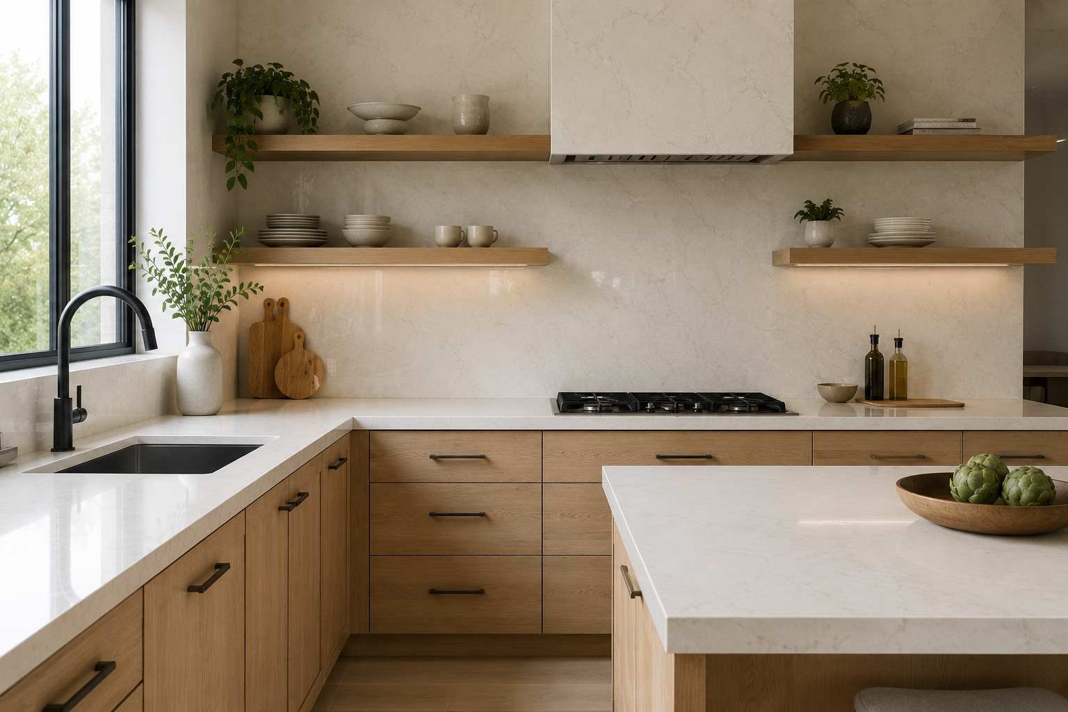 Contemporary kitchen featuring a seamless full-height quartz backsplash matching the countertop, natural wood open shelving, light wood cabinets, matte black hardware, and abundant natural daylight for a clean, high-end minimalist design.