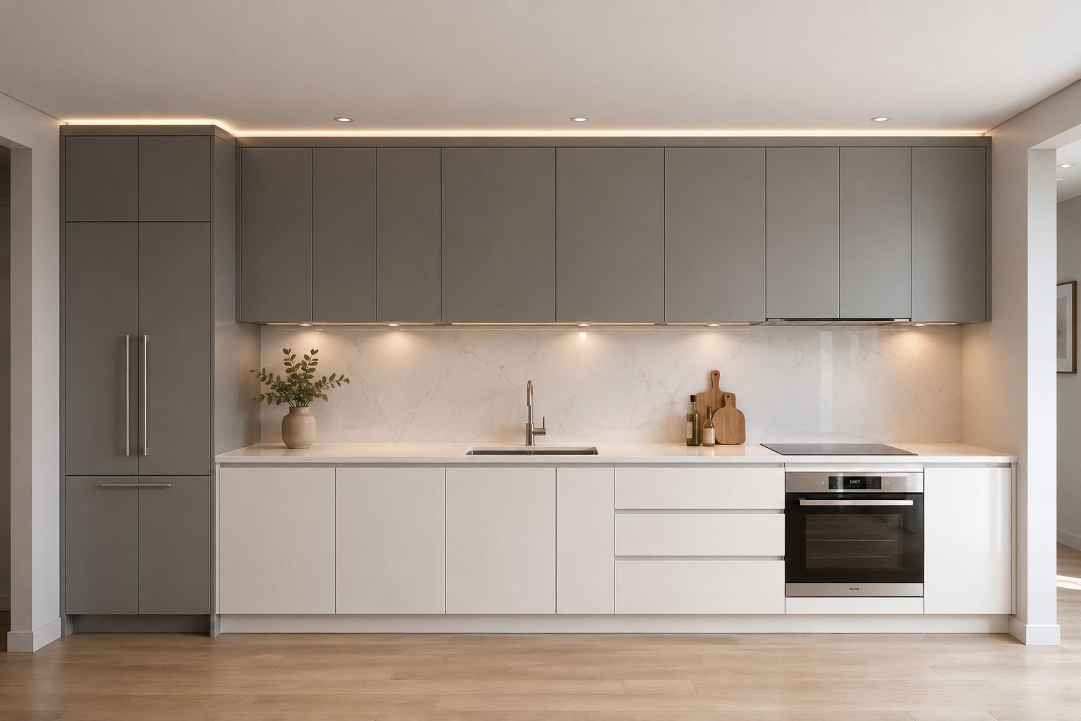 Modern kitchen featuring dark light grey upper cabinets, white lower cabinets, a white quartz countertop, concealed ceiling lighting, and a tall pantry cabinet designed to make a low ceiling feel taller.