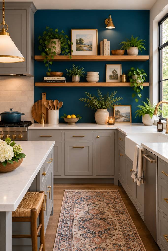 Photorealistic modern eclectic kitchen featuring soft dove-grey cabinets, a rich teal accent wall behind warm wood floating shelves, white quartz countertops, decorative white ceramic dishware, potted plants, and natural daylight creating a bright, vibrant, and balanced interior.