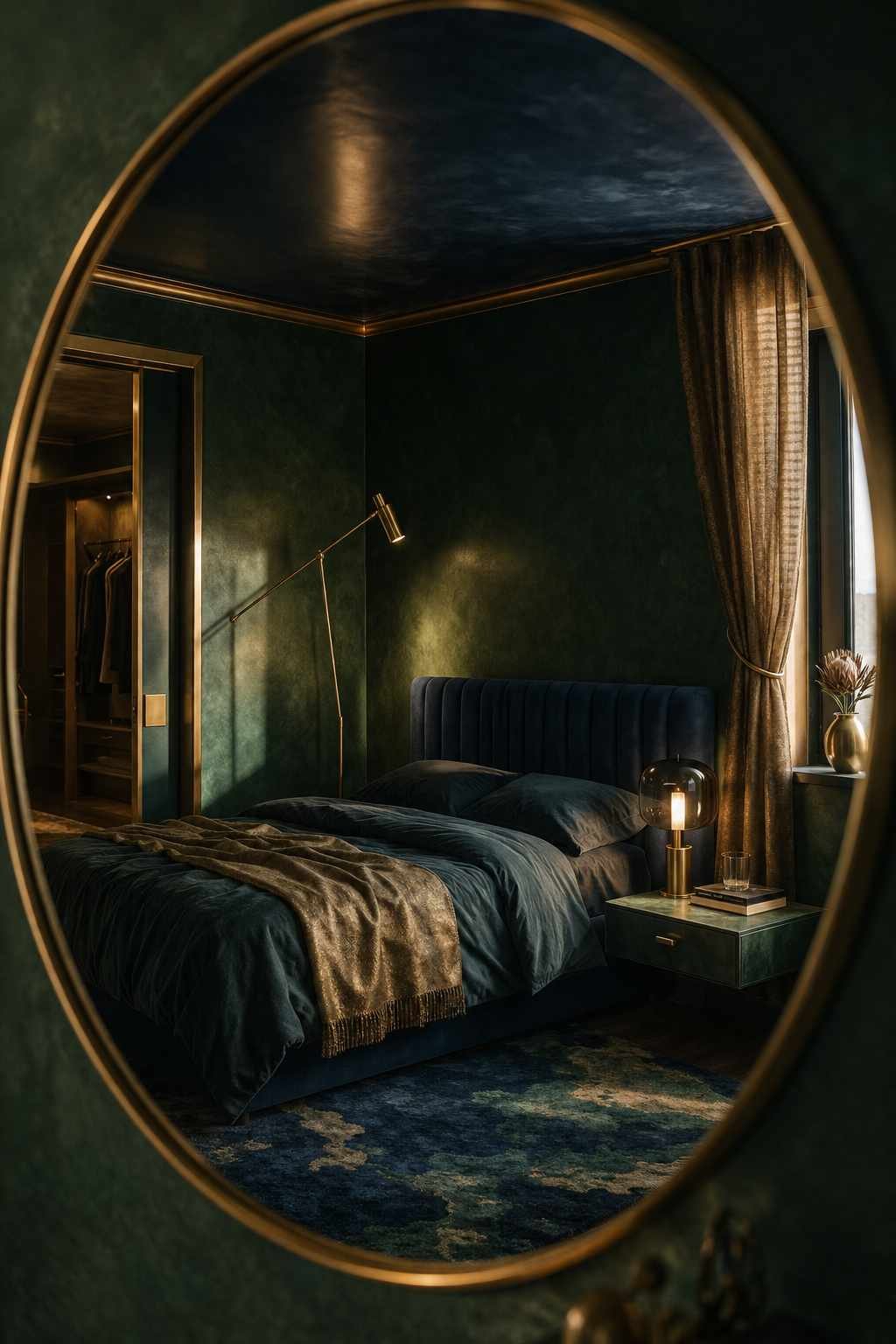 A sophisticated bedroom reflected in a large oval mirror, featuring deep emerald-green walls, rich navy bedding, and warm ambient lighting. Elegant brass accents, a modern bedside lamp, and soft evening light create a cozy, luxurious retreat with a calm and intimate atmosphere.