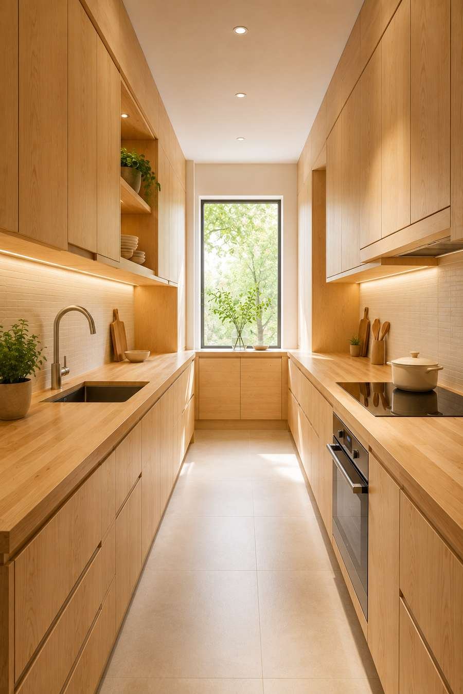 Bright modern galley kitchen featuring matching maple butcher block countertops, natural maple cabinets, integrated wood shelving, minimalist styling, soft under-cabinet lighting, and a large window that enhances the seamless Scandinavian-inspired design.