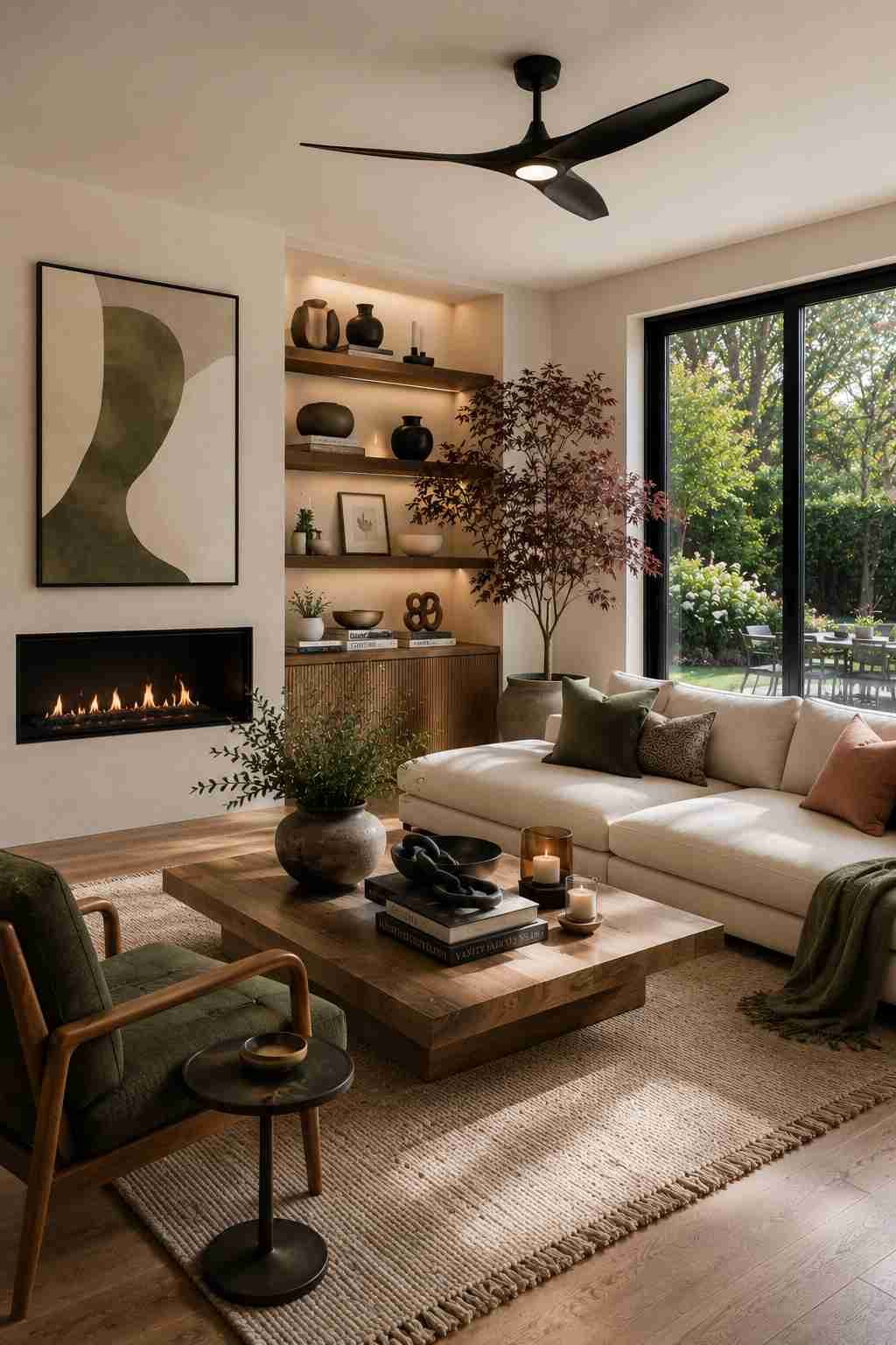 Modern matte black ceiling fan installed in a bright minimalist living room with warm neutral decor.