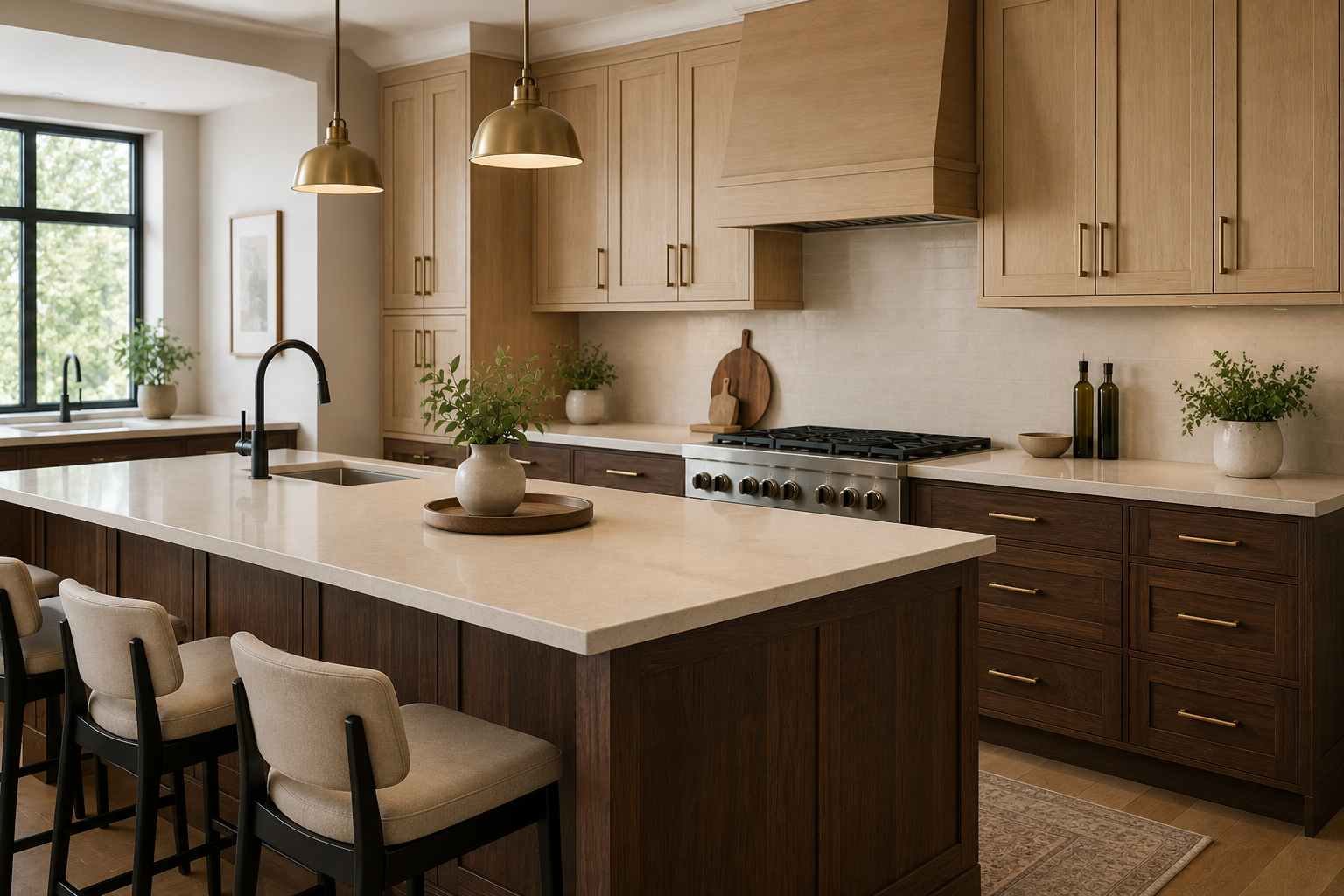 Modern kitchen featuring a dark walnut wood island, light oak wall cabinets, warm white quartz countertops, brushed brass hardware, a neutral backsplash, and abundant natural daylight for a balanced, contemporary design.