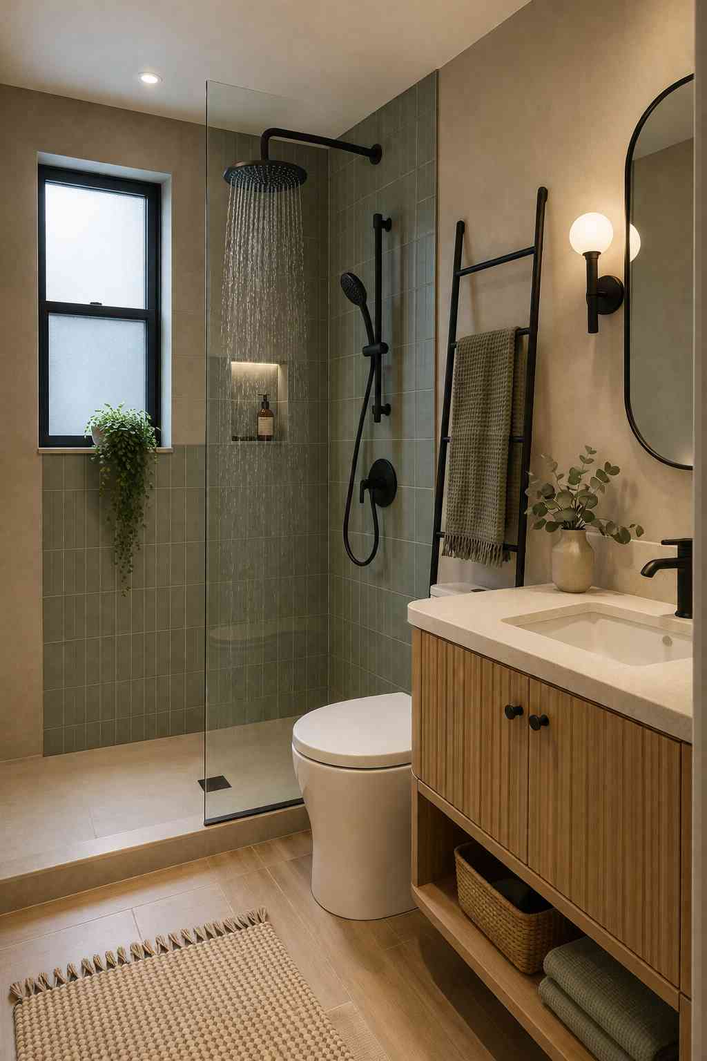 Modern bathroom with a light wood vanity, sage green tiled walk-in shower, black rainfall shower fixtures, a towel ladder, and soft neutral decor that creates a warm spa-like atmosphere.