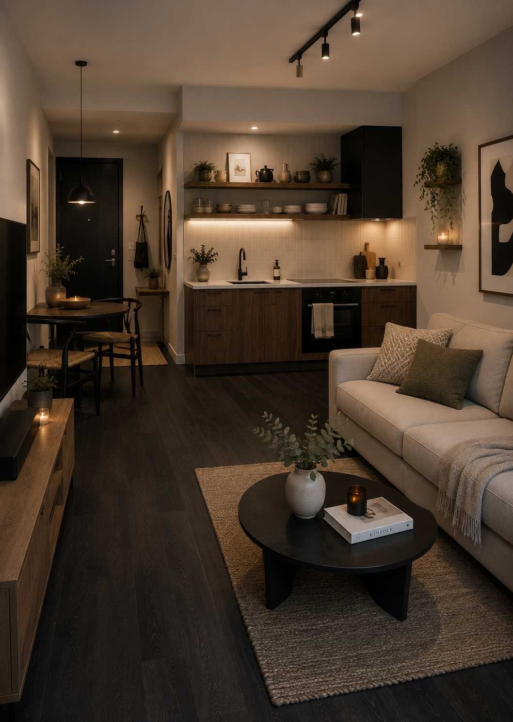 Open-plan studio apartment featuring a modern kitchenette with warm wood lower cabinets, black upper cabinets, open wood shelving, dark wood flooring extending into the living area, white countertops, ambient lighting, and contemporary minimalist furniture for a seamless small-space design.