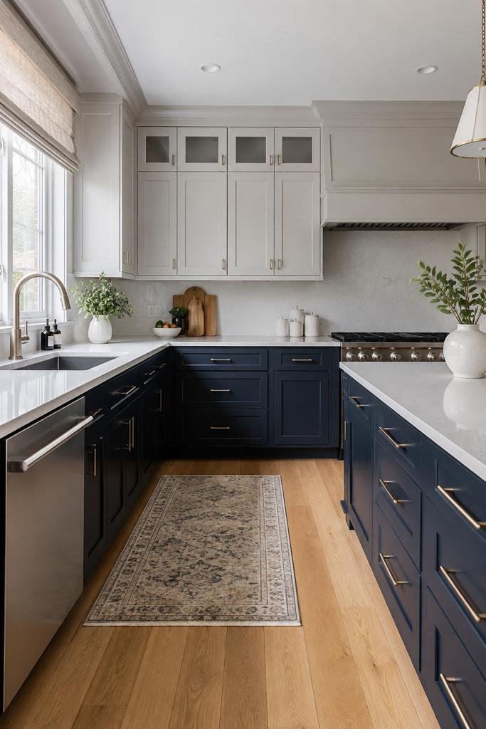 Photorealistic modern kitchen featuring navy blue lower cabinets, light dove-grey upper cabinets, white quartz countertops, brushed nickel hardware, warm oak wood flooring, and a large window filling the space with soft natural daylight.