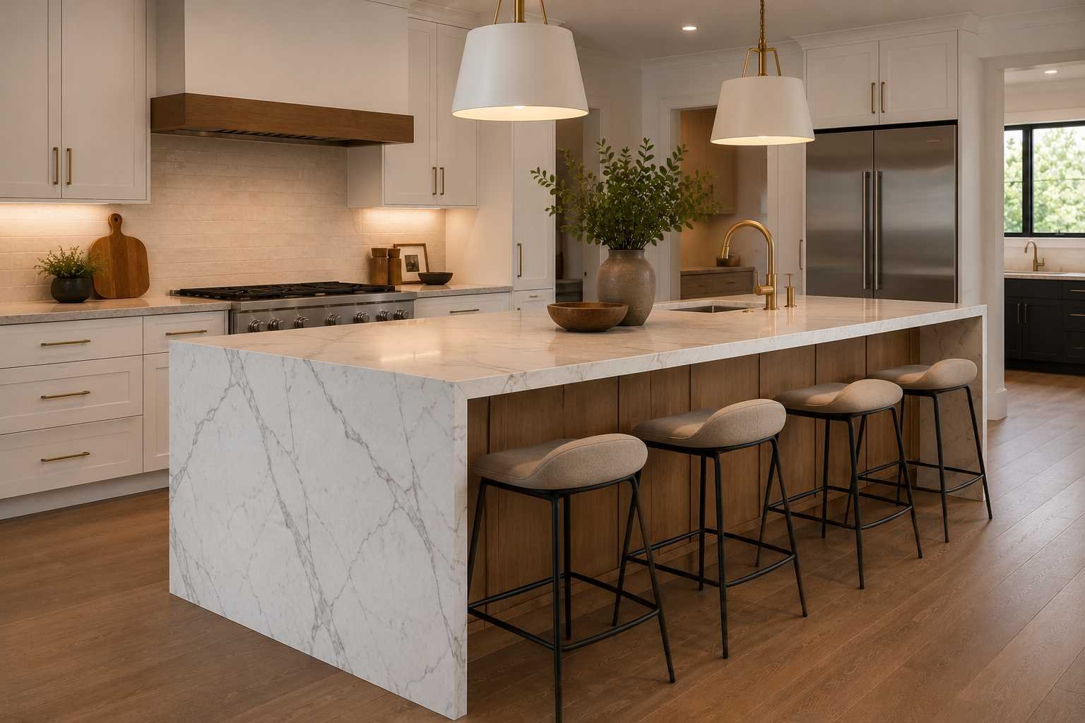 Modern kitchen featuring a waterfall-edge quartz island with seamless veining, a warm wood island base, white perimeter cabinets, brushed brass hardware, a minimalist backsplash, and abundant natural daylight for a luxurious contemporary design.