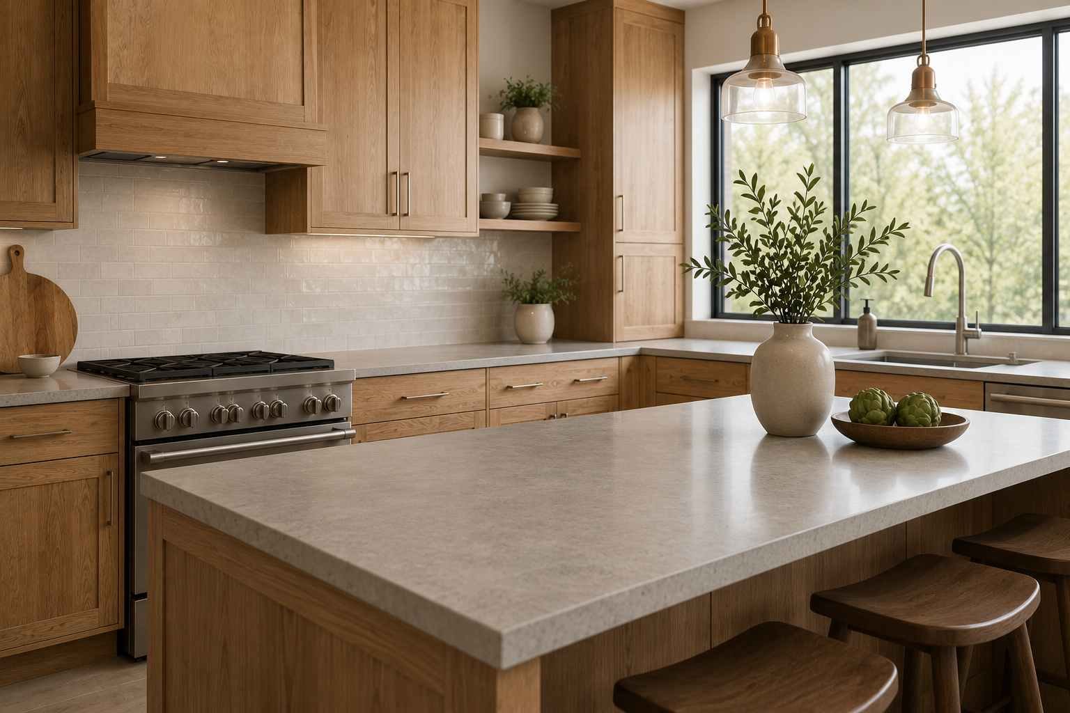 Modern kitchen featuring mid-tone maple wood cabinets with warm natural grain, soft warm-grey quartz countertops, brushed nickel hardware, a neutral backsplash, and abundant natural daylight for a timeless, elegant contemporary design.