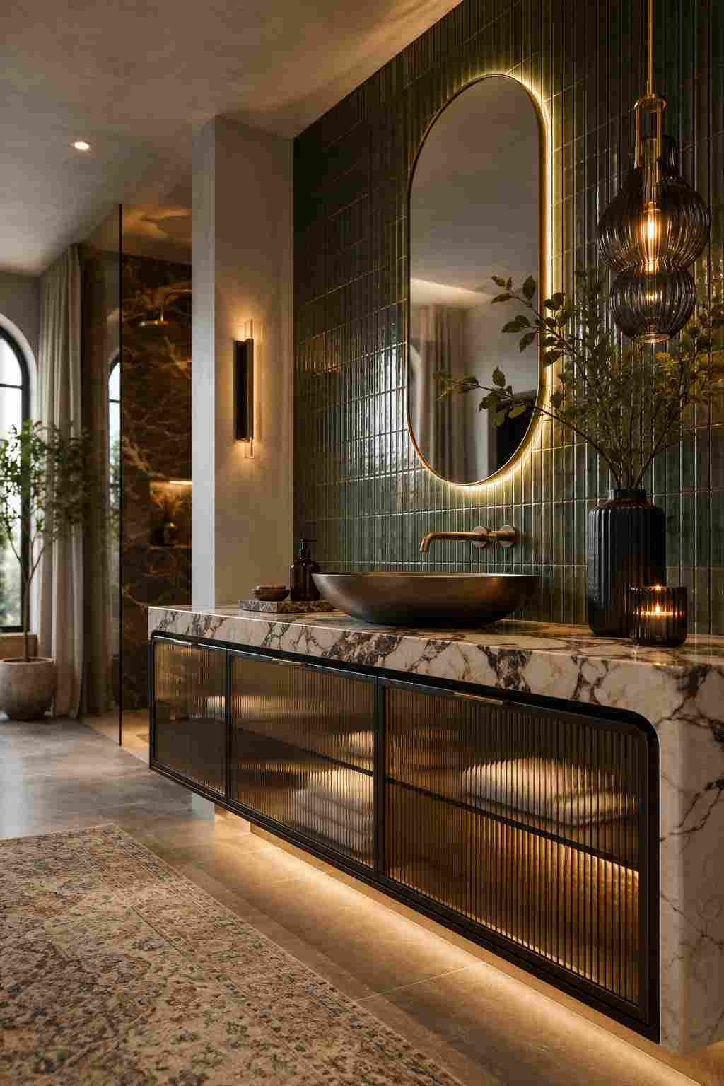 Modern luxury bathroom with a marble vanity, dark fluted glass cabinet doors, a black vessel sink, a backlit oval mirror, deep green vertical wall tiles, warm ambient lighting, brass fixtures, decorative plants, and a spacious walk-in shower.