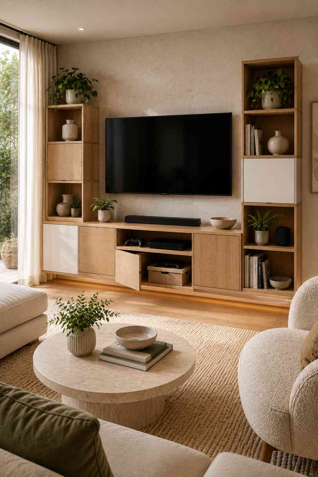 A bright Scandinavian-inspired living room featuring a wall-mounted TV surrounded by a modular cube storage unit in warm oak and white finishes. The mix of open shelves and closed cabinets provides flexible storage for books, baskets, media devices, and dรฉcor, making it a practical and stylish solution for changing storage needs.