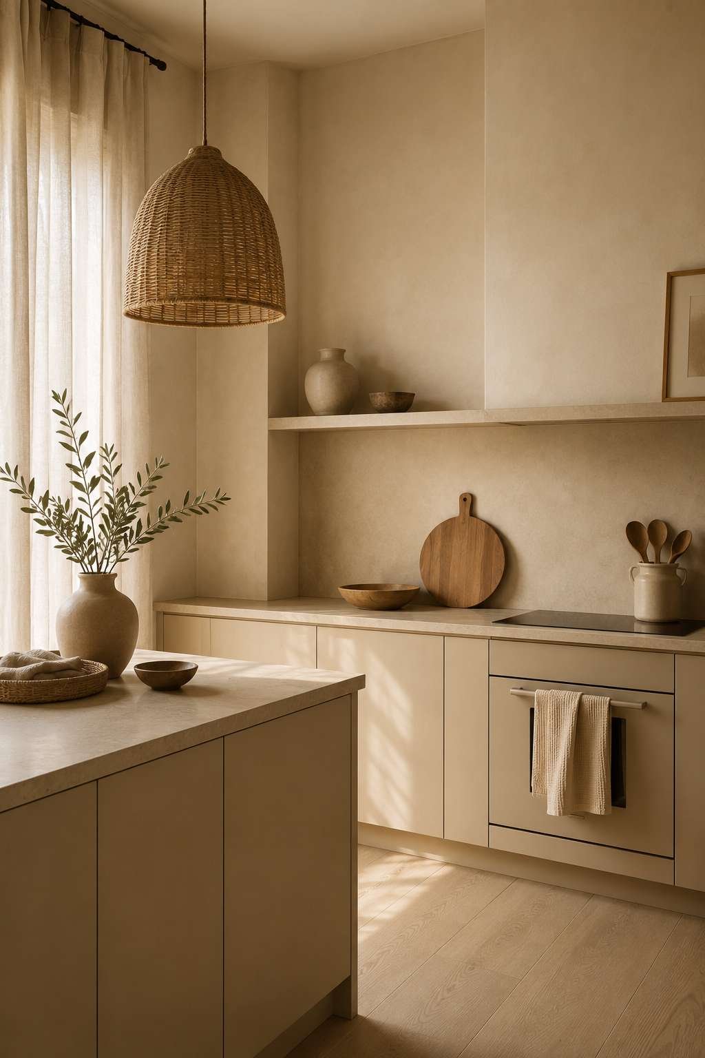 Modern tonal kitchen featuring matte beige cabinets, honed beige stone countertops, textured plaster walls, a woven rattan pendant light, linen curtains, white oak flooring, and soft natural light highlighting layered neutral textures.