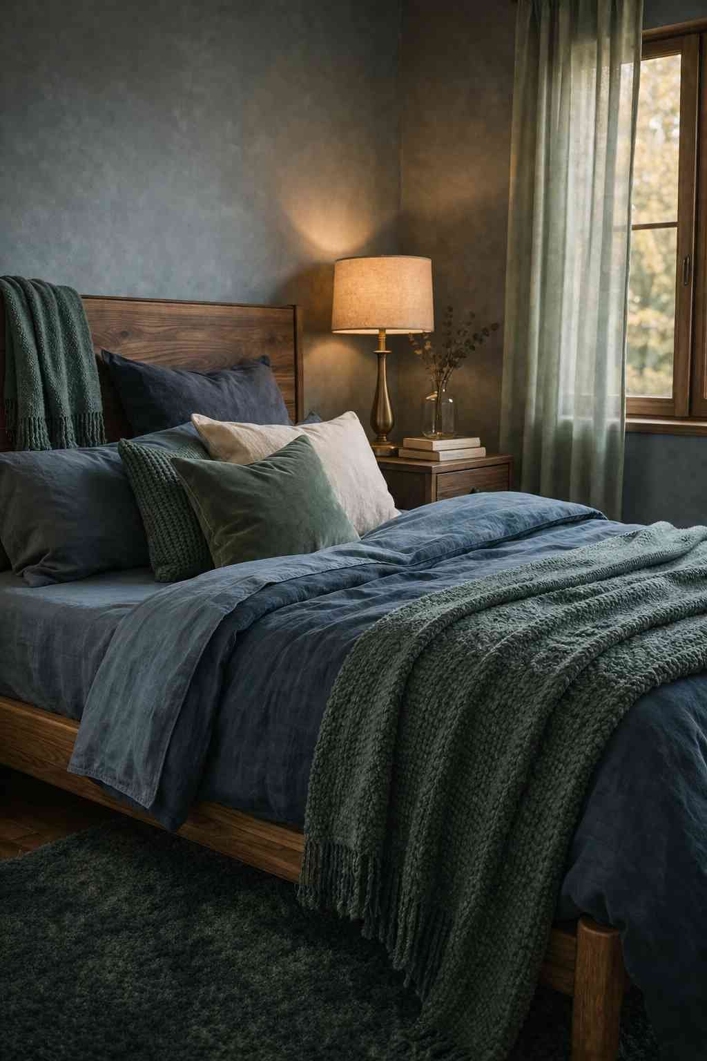 A cozy bedroom with soft blue bedding, layered green and neutral pillows, and a warm bedside lamp casting a gentle glow. Natural wood furniture, textured throws, and daylight filtering through sheer curtains create a calm, inviting space that feels perfect for winding down.