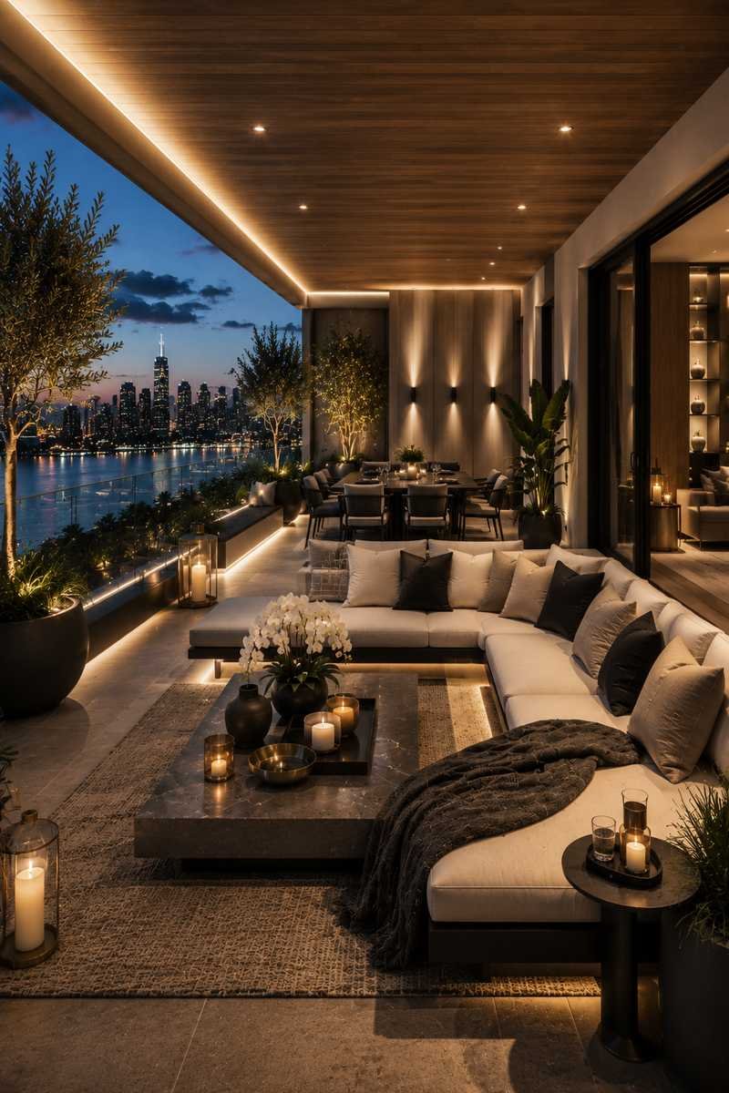 A luxurious modern balcony featuring a monochrome palette of charcoal, ivory, taupe, and greige with brushed brass and matte black accents. The elegant outdoor lounge includes a plush sectional sofa, a dark stone coffee table, a textured outdoor rug, designer lanterns, lush planters, warm architectural lighting, and frameless glass railings overlooking a breathtaking waterfront city skyline at dusk.