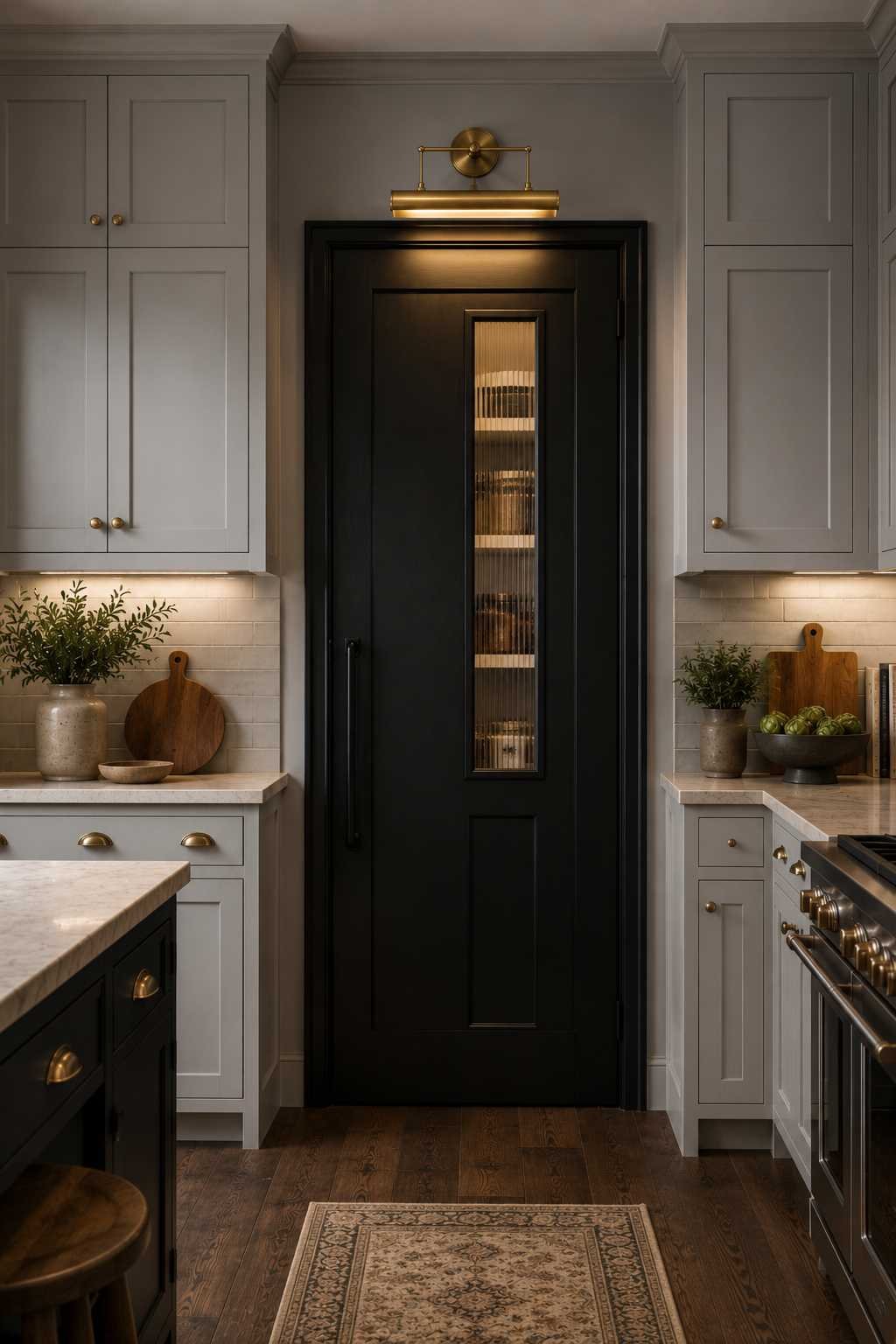 Modern kitchen with a matte black pantry door featuring a vertical fluted glass panel, framed by light gray shaker cabinets, warm brass sconce lighting, marble countertops, and elegant contemporary finishes.