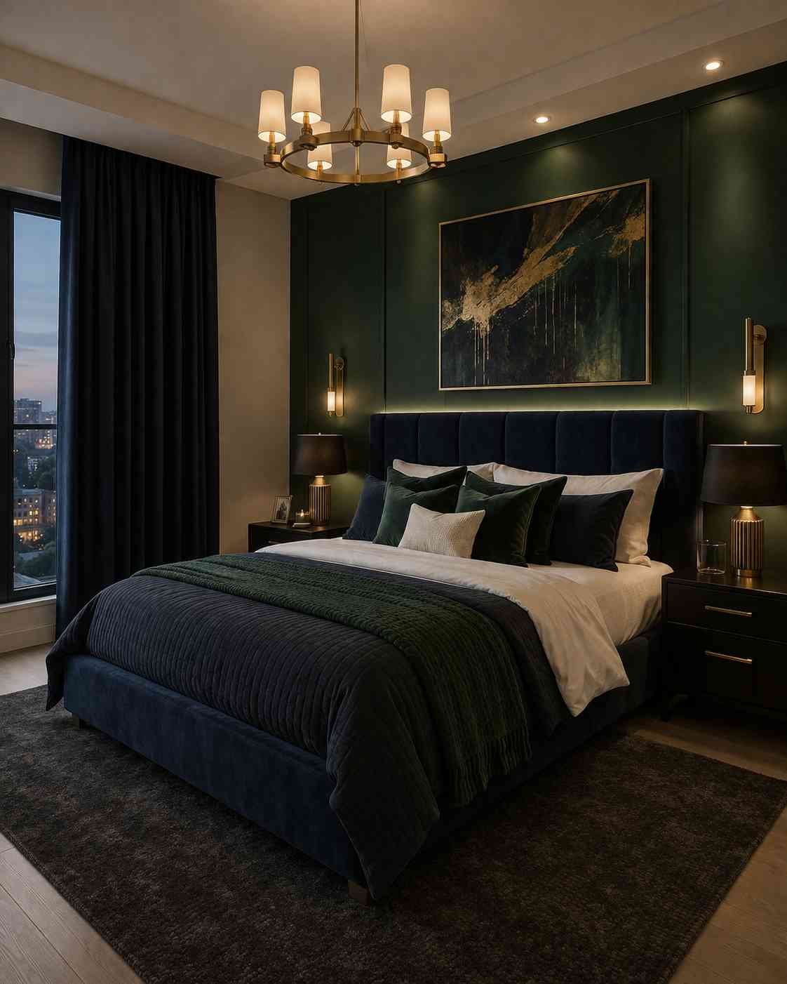 A stylish modern bedroom with deep navy and emerald green tones, a plush upholstered bed, and warm ambient lighting. Elegant gold accents, a statement chandelier, and a large abstract artwork create a cozy yet sophisticated space that feels perfect for unwinding in the evening.