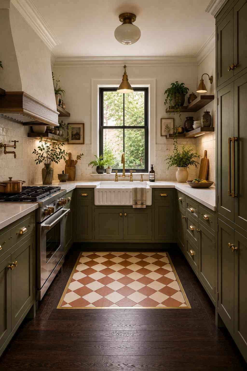 Classic kitchen featuring moss green shaker cabinets, vintage brass hardware, dark wood flooring, a cream and terracotta checkerboard tile insert, white quartz countertops, farmhouse sink, open wood shelving, and warm layered lighting for a timeless traditional kitchen design.