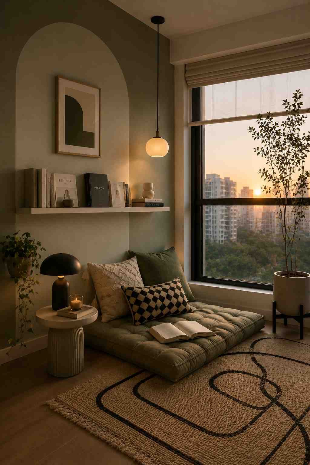 Cozy reading nook with a floor cushion, floating shelf, pendant light, soft neutral decor, and a large window overlooking the city at sunset.