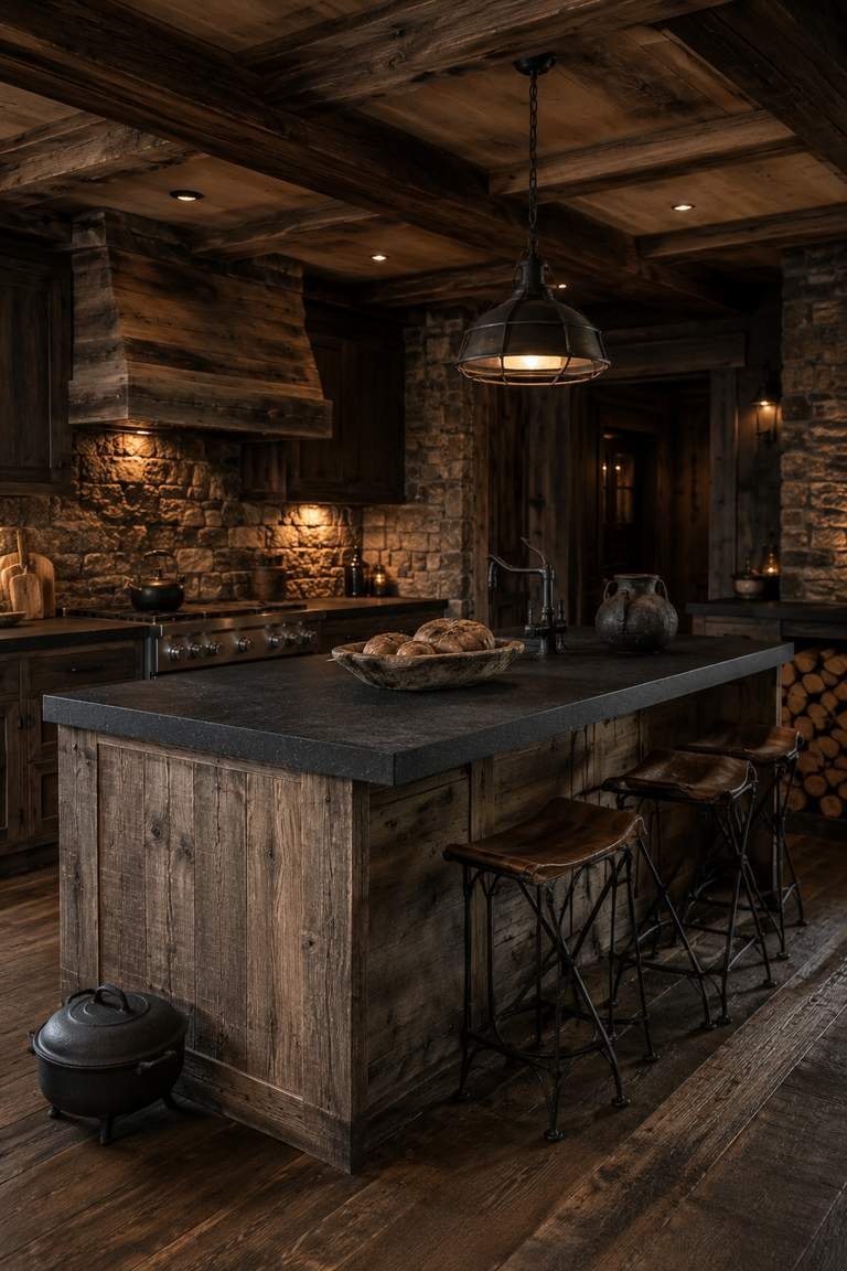 Professional interior design of a mountain lodge kitchen featuring a reclaimed wood island with a black leathered granite countertop, stacked stone backsplash, exposed wood beams, iron pendant lighting, distressed wood flooring, and leather bar stools in a warm, rustic cabin interior.