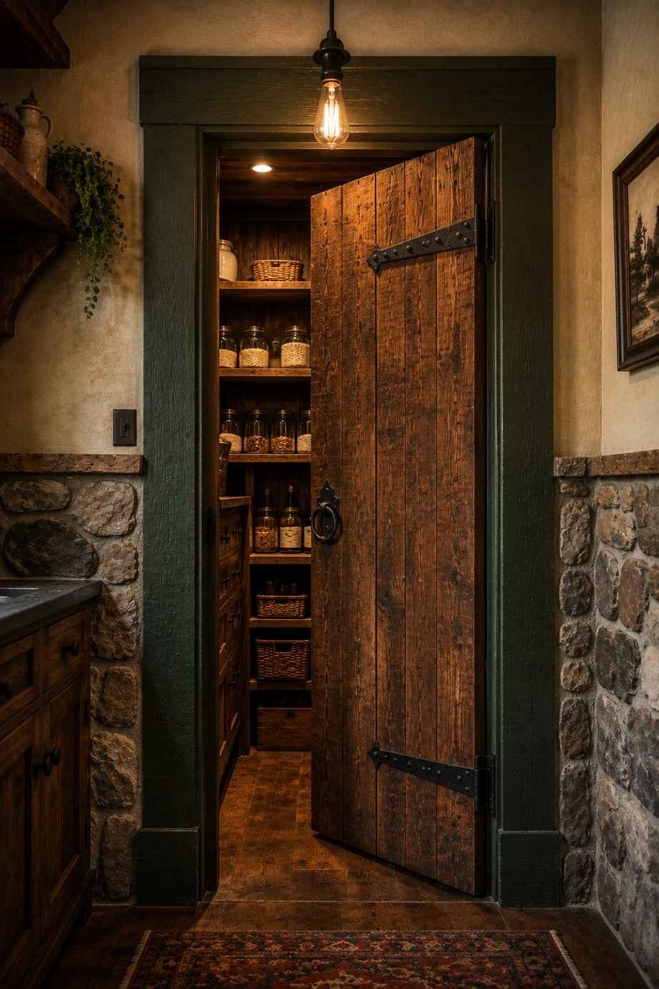 Rustic mountain lodge pantry with a reclaimed wood door, wrought iron strap hinges, pine green trim, stone walls, warm Edison bulb lighting, and an open view into wood-lined pantry shelves with baskets and glass jars.