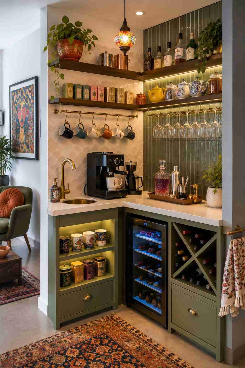 A multifunctional coffee bar featuring open shelving, wine storage, glass racks, and warm layered lighting.