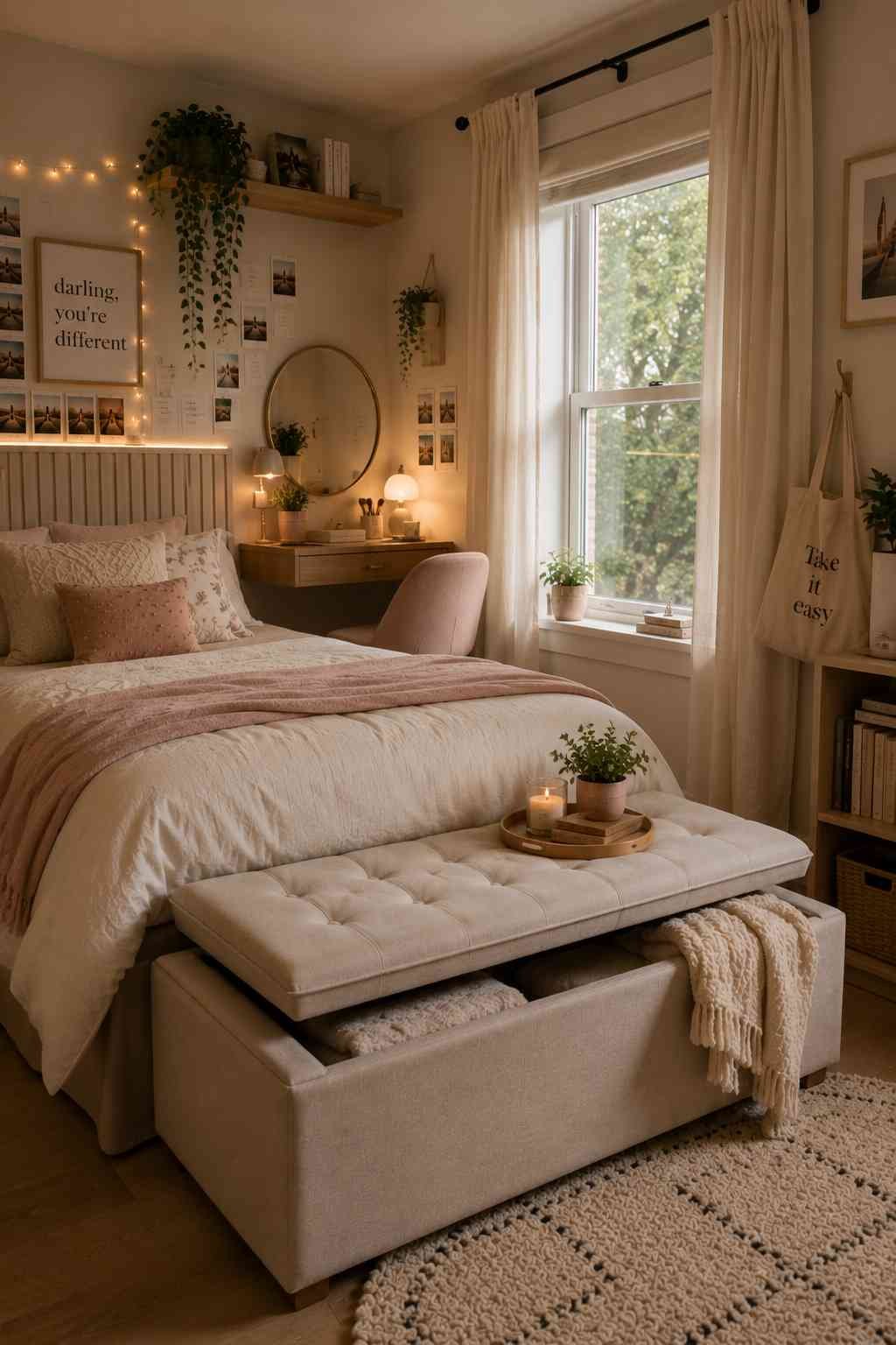 Multi-functional storage ottoman at the foot of a bed in a modern teen bedroom.