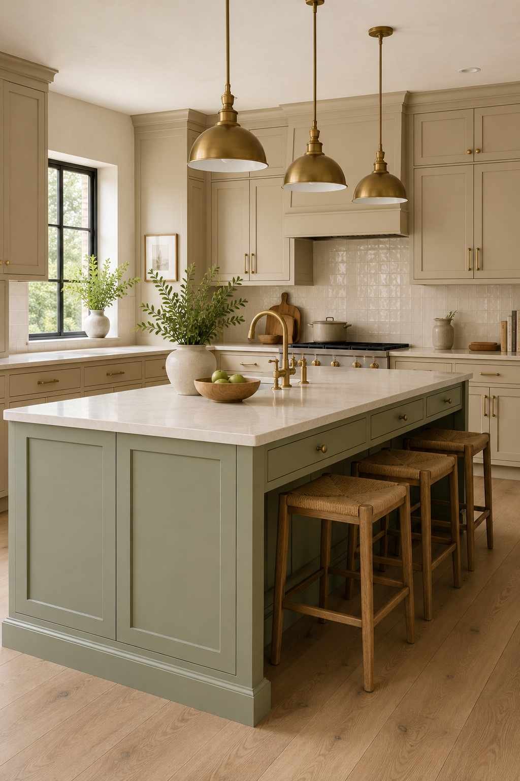 Modern two-tone kitchen featuring a muted sage green island, warm beige shaker cabinets, cream stone countertops, brass hardware, white oak flooring, and soft natural light for a calm, timeless interior.