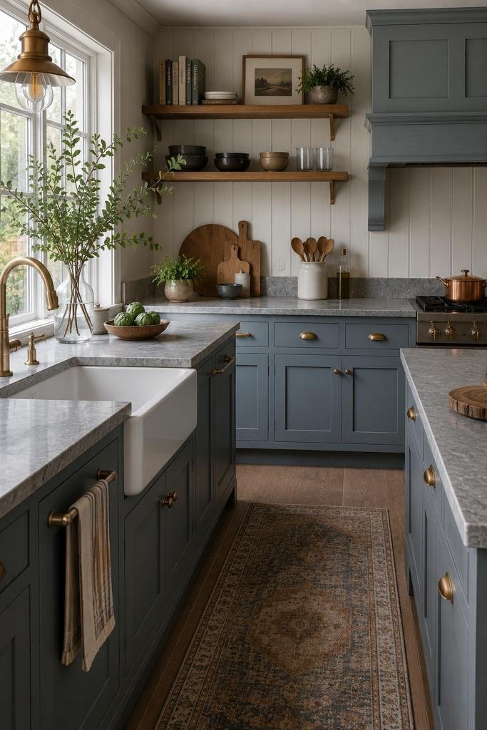 Photorealistic farmhouse-modern kitchen featuring muted slate-blue shaker cabinets with a matte finish, honed grey natural stone countertops with subtle veining, brass cup pulls, open wood shelving, warm wood flooring, and soft diffused daylight streaming through a nearby window.