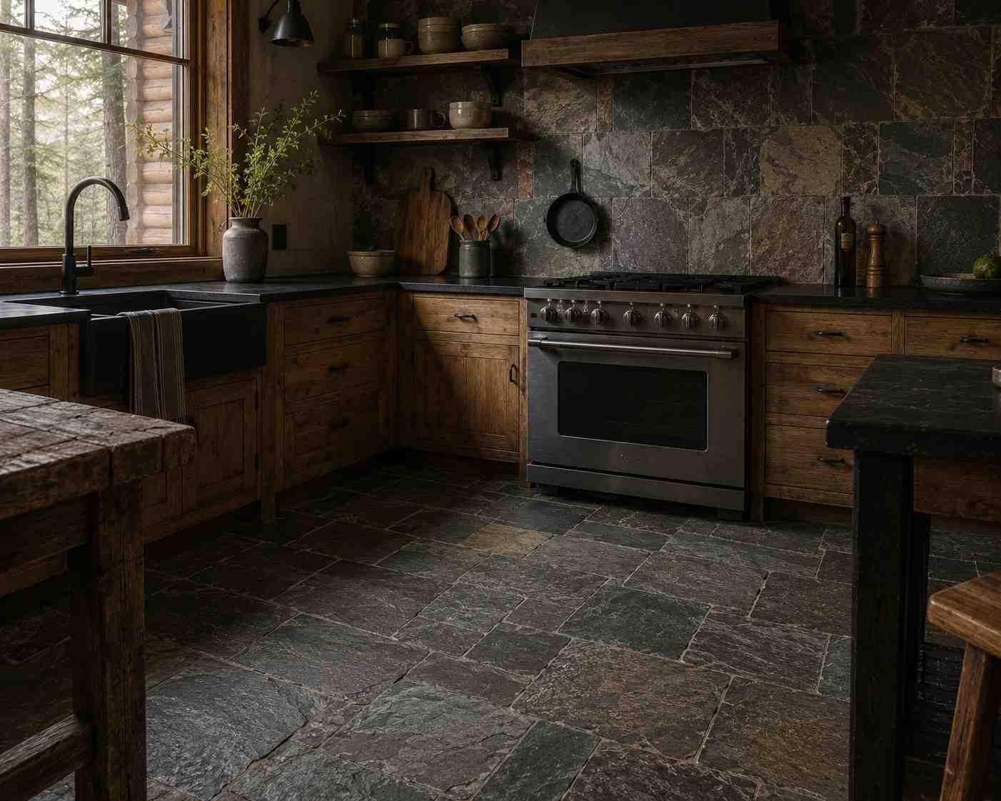 Rustic cabin-style kitchen featuring a natural slate tile backsplash and matching slate floor, matte black countertop, warm wood cabinets, cast iron cookware, and soft natural daylight highlighting the textured stone surfaces.