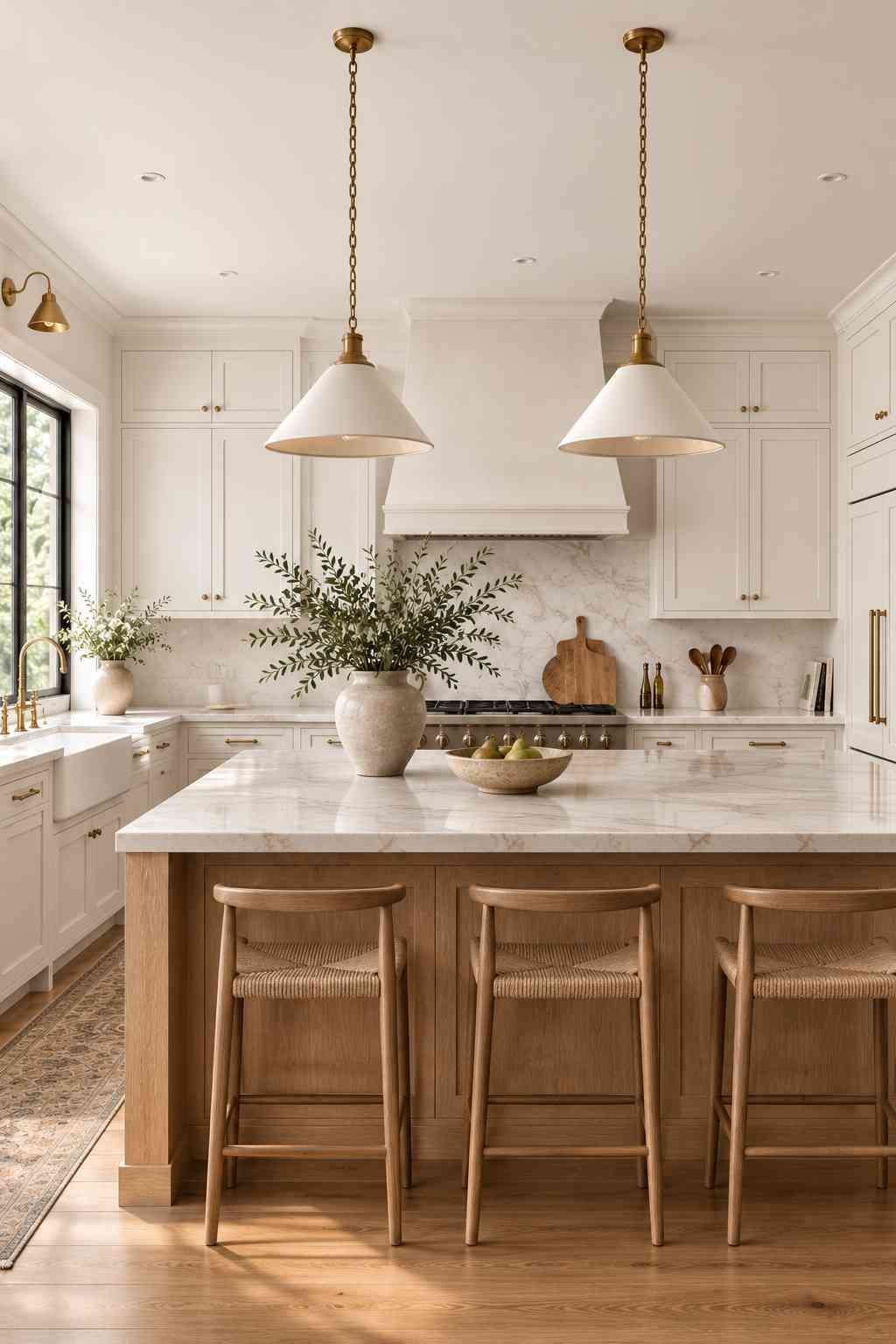 Ultra-realistic luxury kitchen featuring soft warm white perimeter cabinets with a natural white oak island topped with honed white marble, complemented by brass hardware, woven bar stools, warm wood flooring, and abundant natural light in a timeless contemporary design.
