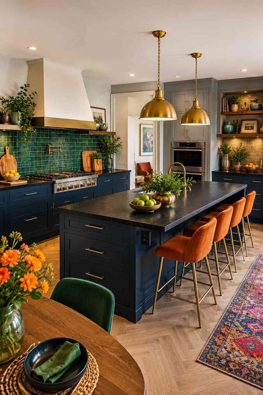 Modern luxury kitchen with navy blue cabinets, black stone island, brass pendant lights, emerald green tile backsplash, colourful velvet bar stools, warm wood herringbone flooring, open shelving, and vibrant contemporary décor.