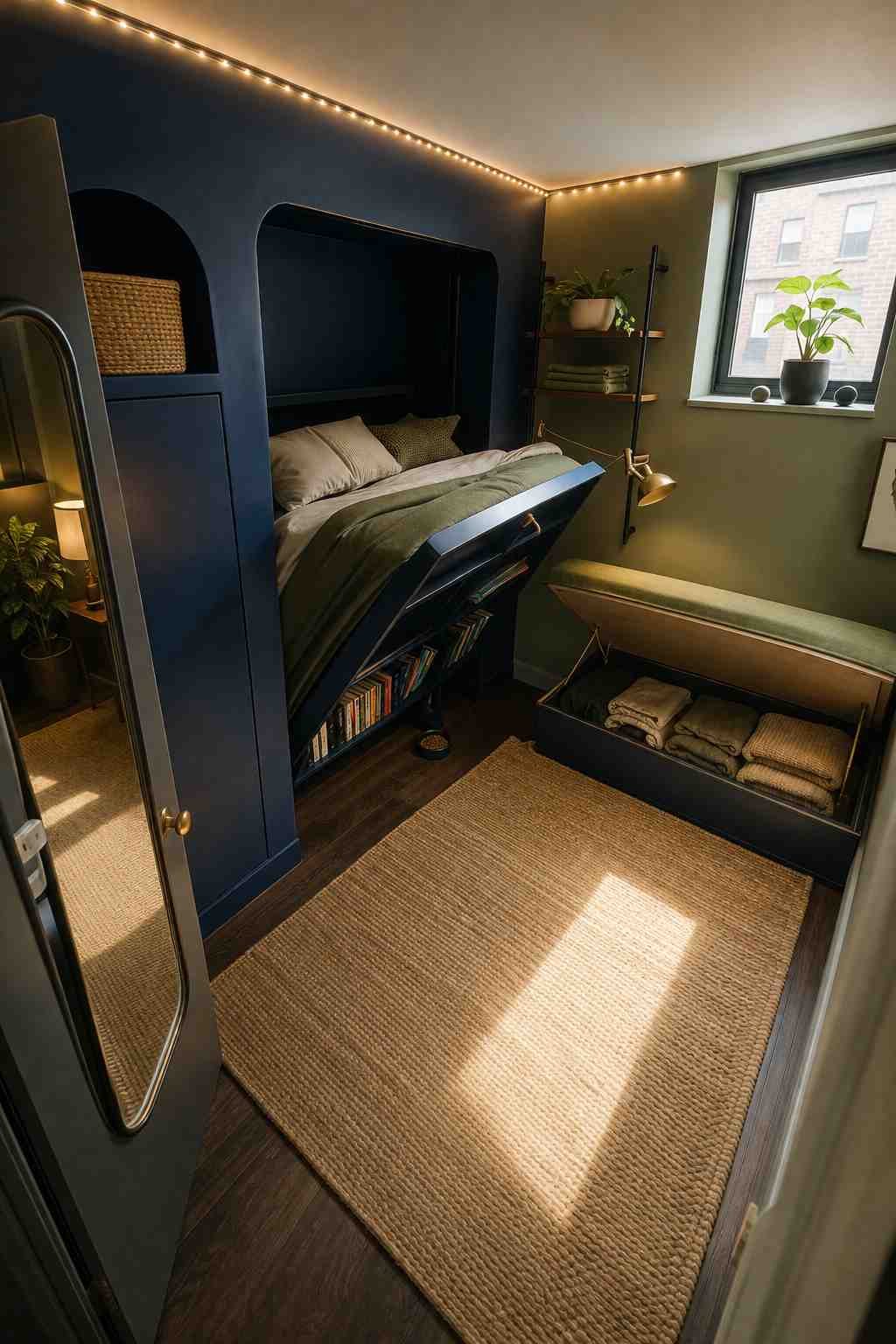 A smart, space-saving bedroom featuring a fold-down Murphy bed with built-in bookshelves, navy and olive-green walls, and warm ambient lighting. A storage bench, floating shelves, and large mirror make the compact room feel organized, cozy, and surprisingly spacious.
