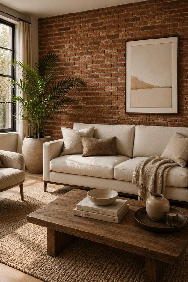 A cozy living room featuring an exposed brick wall, a modern cream sofa, warm neutral decor, natural wood furniture, and soft sunlight creating a calm, inviting atmosphere.