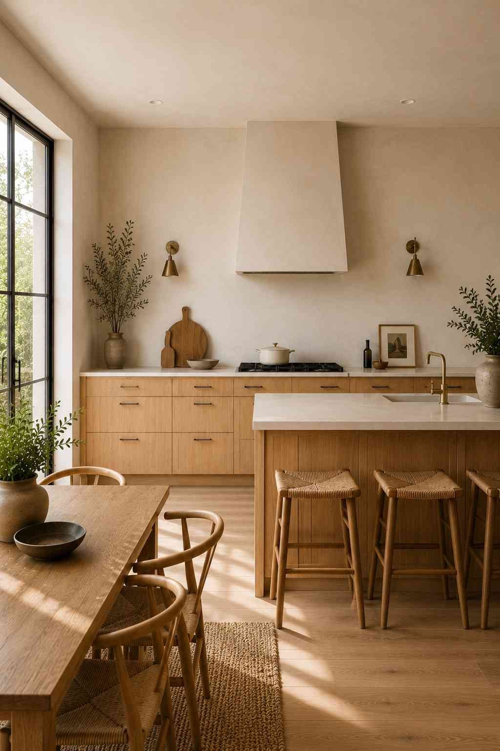 Ultra-realistic contemporary kitchen featuring natural white oak base cabinets with no upper cabinets, a hand-plastered range hood and matching plaster walls, a large white quartz island with woven bar stools, a solid wood dining table with Wishbone chairs, warm oak flooring, brass fixtures, and soft natural daylight in a serene European-inspired design.