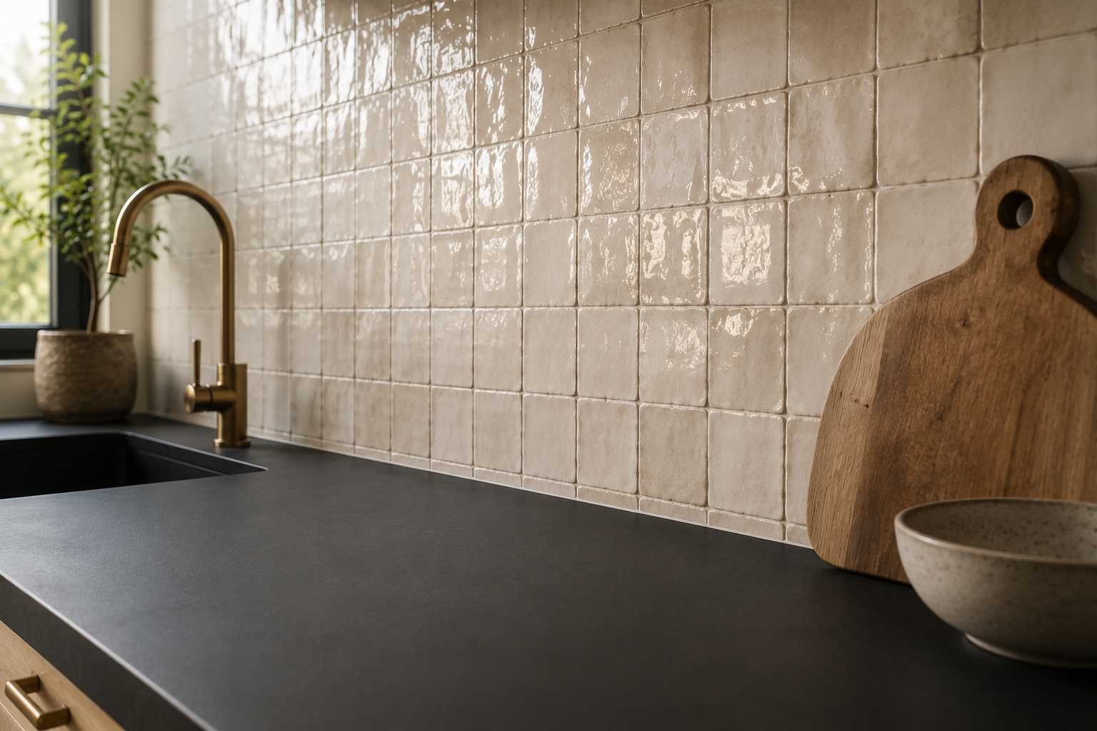 Close-up of an off-white handmade zellige tile backsplash with glossy handcrafted texture and warm grout lines, paired with a matte black countertop, brass faucet, wooden cutting board, and ceramic bowl in a naturally lit modern kitchen.