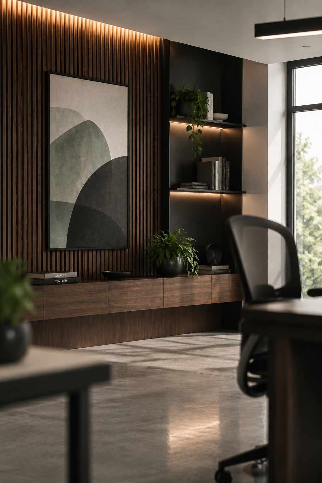 A warm wood slat feature wall paired with ambient shelving and modern artwork creates a sophisticated, contemporary office with a welcoming atmosphere. 