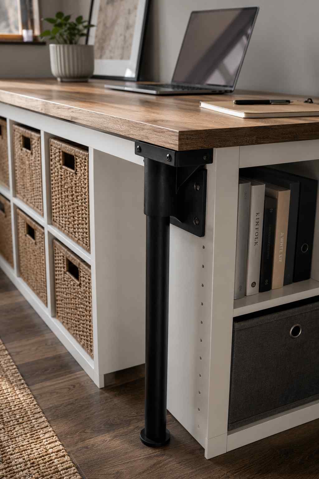 Custom IKEA KALLAX desk with a butcher block top, black metal support leg, cube storage, woven baskets, and a minimalist home office setup. 