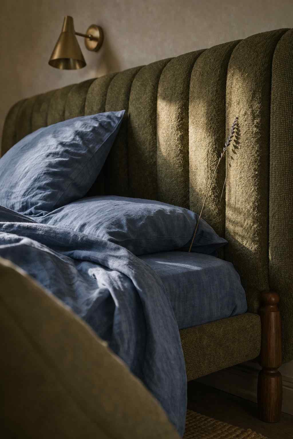 A close-up of a cozy bed with soft blue linen bedding and an olive-green upholstered headboard, gently lit by warm natural sunlight. A brass wall sconce and a delicate lavender stem add a simple, calming touch to the inviting bedroom scene.