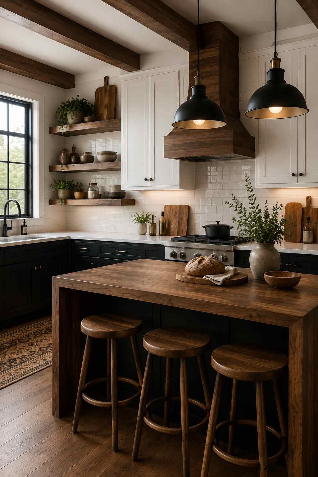 A cozy rustic modern kitchen featuring matching deep walnut wood on the island, floating shelves, ceiling beams, stools, and décor, paired with black lower cabinets, white upper cabinets, and warm lighting for a beautifully cohesive look.