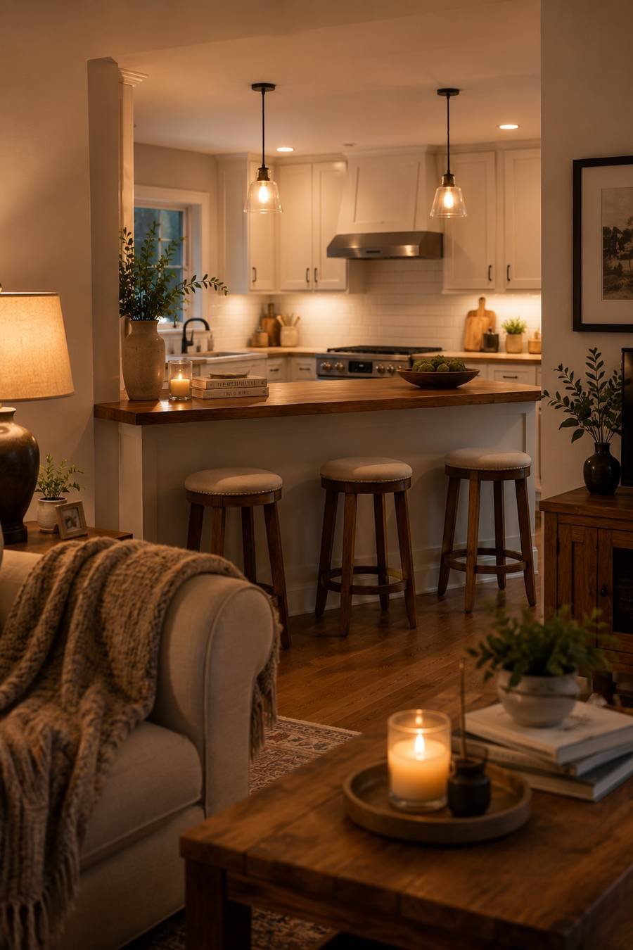 Warm open-concept kitchen and living room featuring a butcher block peninsula, upholstered bar stools, white shaker cabinets, cozy living room décor, pendant lighting, and soft ambient evening light creating a seamless modern farmhouse design.