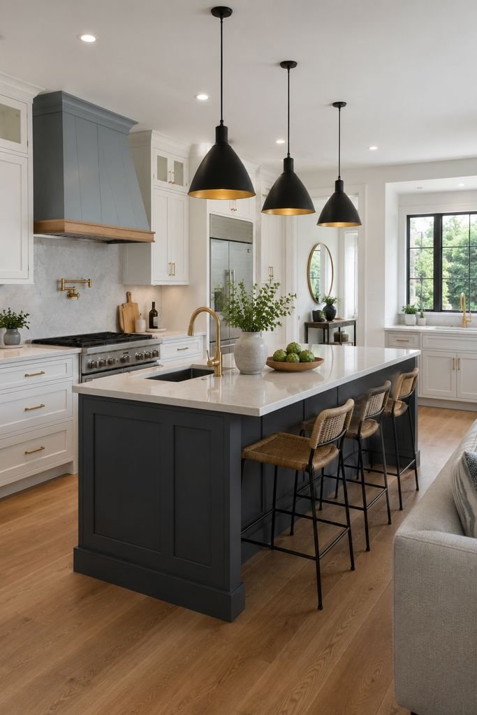 Photorealistic open-concept kitchen featuring white perimeter cabinets with soft blue-grey accents, a bold charcoal grey island with a white countertop, black pendant lights, gold cabinet hardware, warm wood flooring, and abundant natural daylight streaming through large windows.